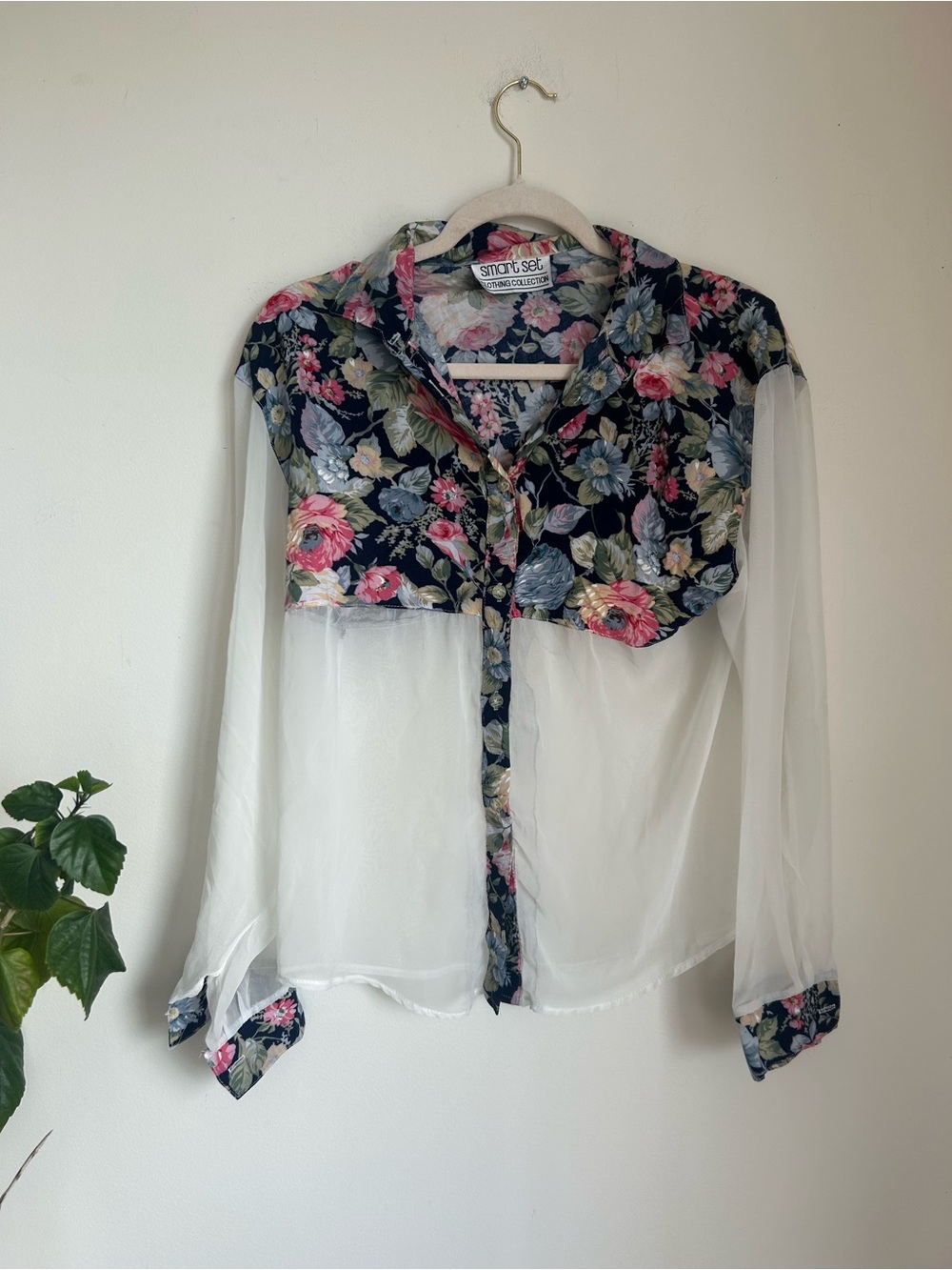Vintage Smart set White Sheer Blouse with Navy Floral Yoke